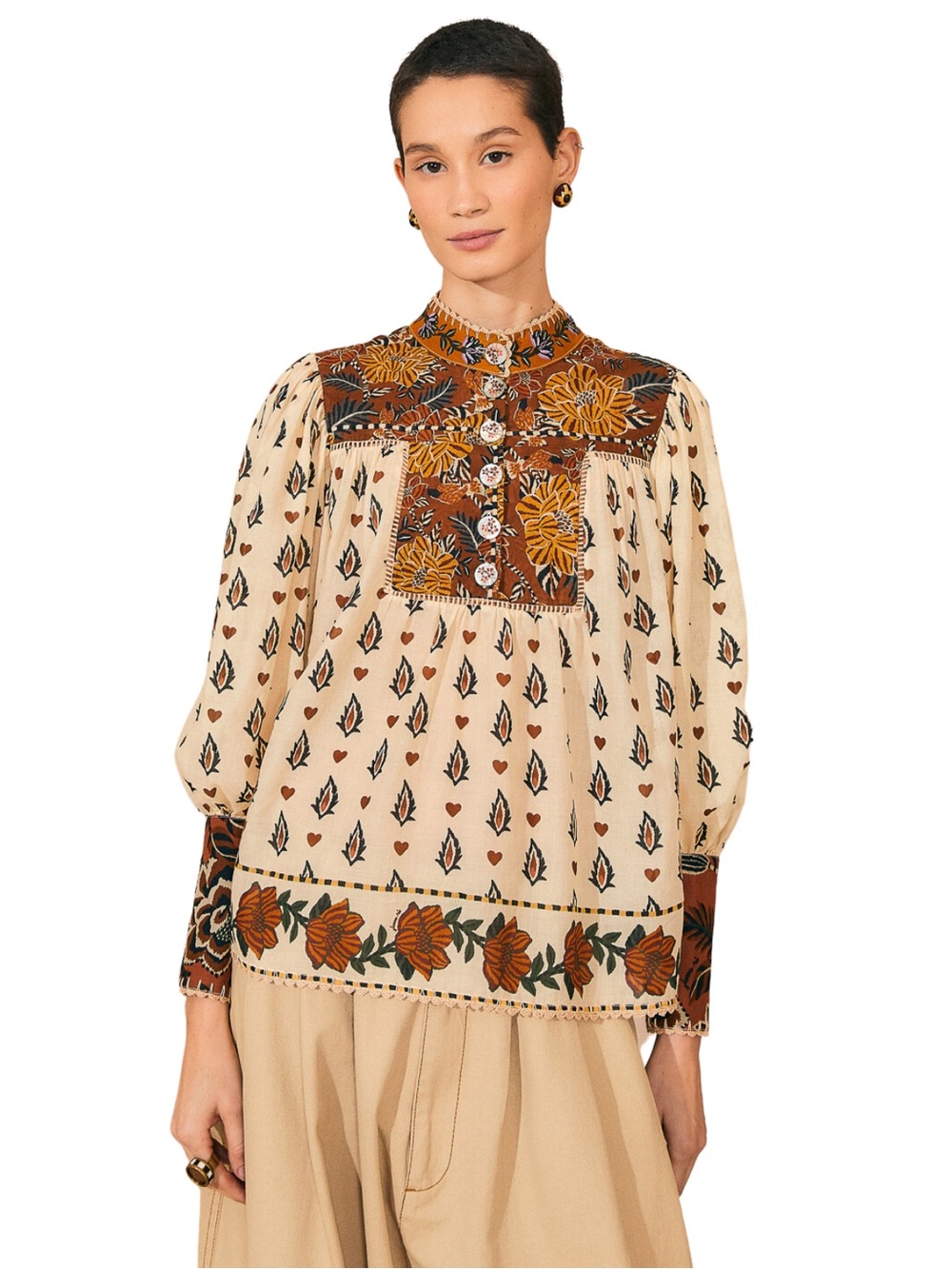 Farm Rio Ainika Long Sleeve Blouse XS Floral Warm Earthy Crochet Statement Folk